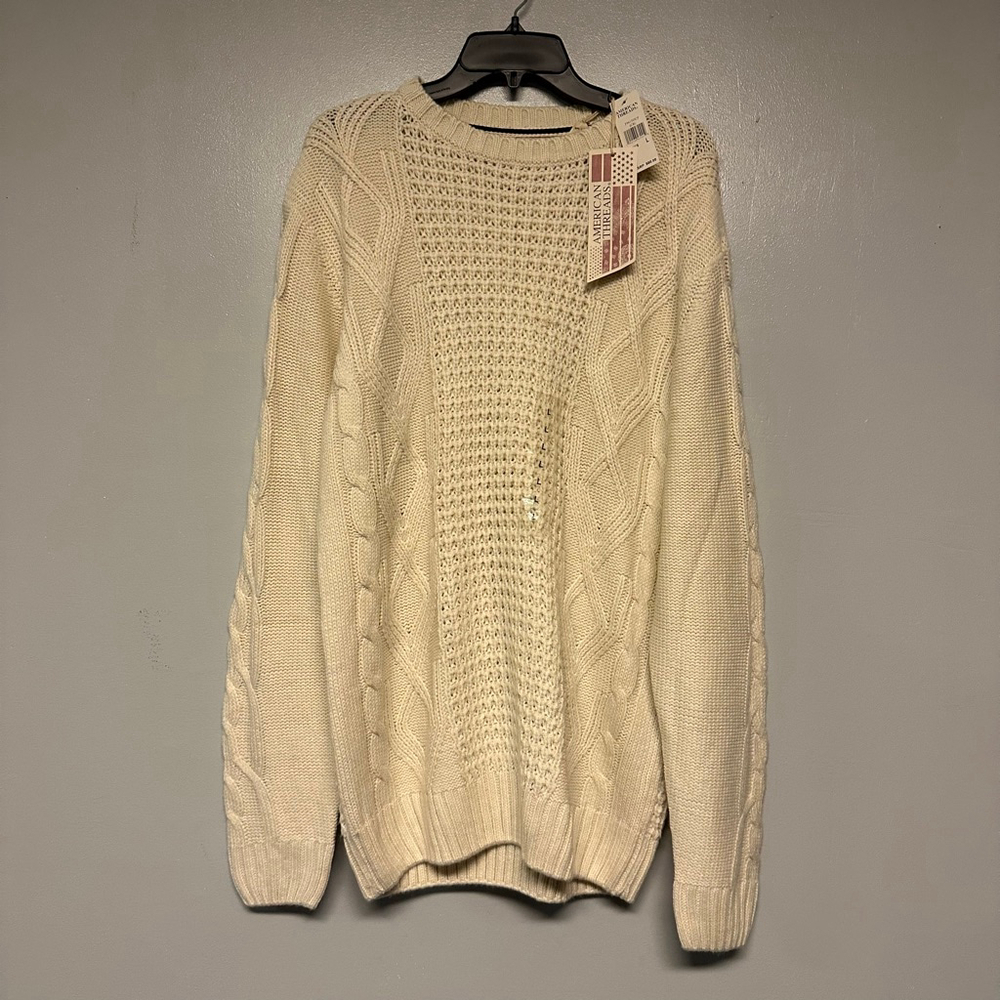 NEW American Threads Cream Ecru Cable Knit Crewneck Sweater Mens Size Large